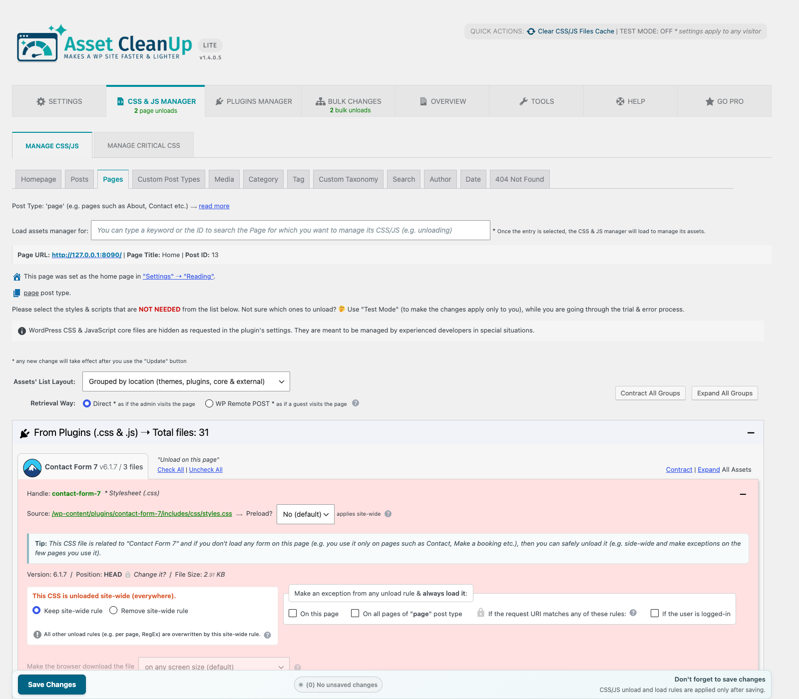 CSS & JS Manager — inspect the assets loaded on a page and unload unneeded CSS or JavaScript by page or site-wide.