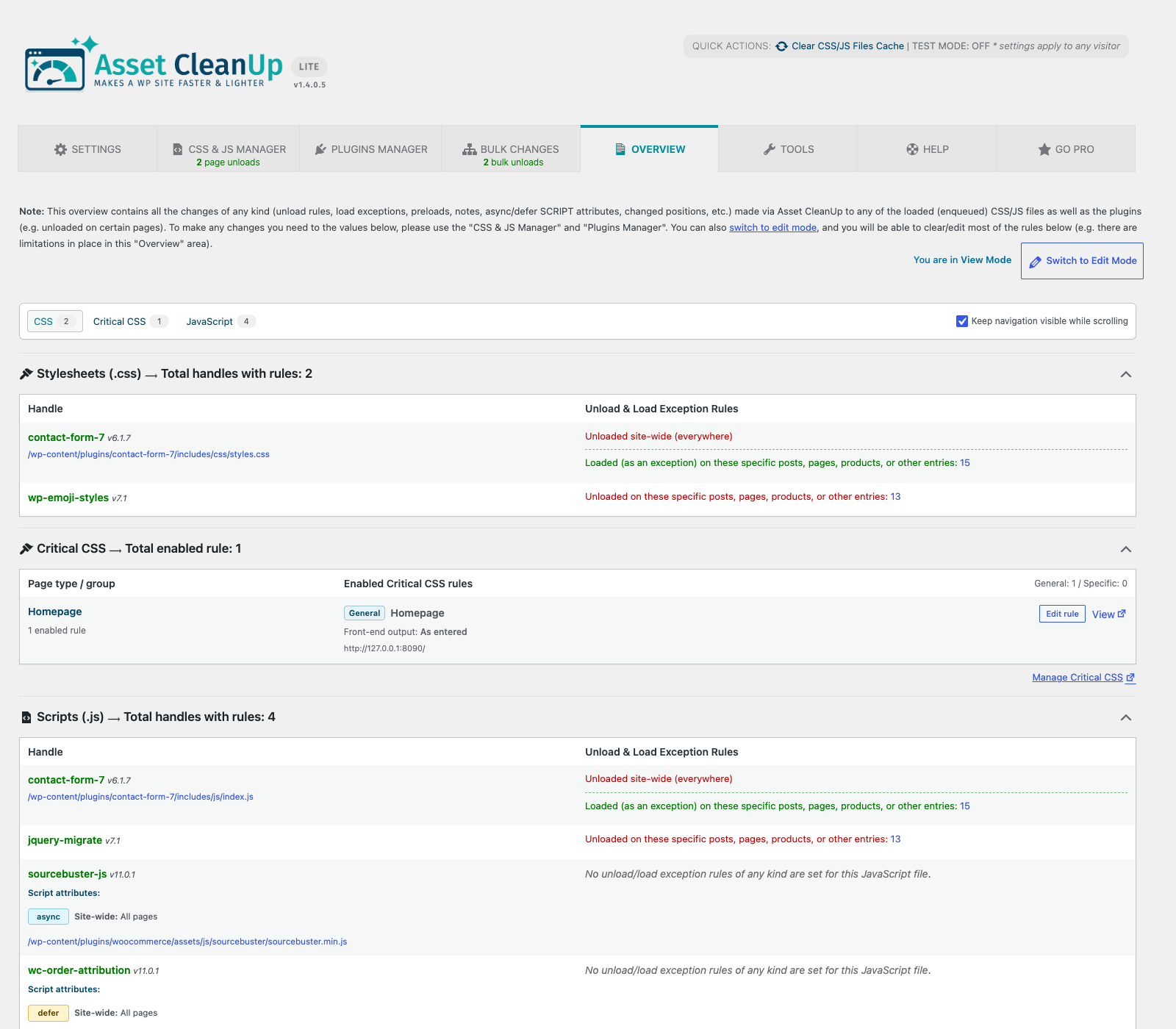 Overview — review active unload rules, load exceptions, async/defer attributes, and stale entries in one place.