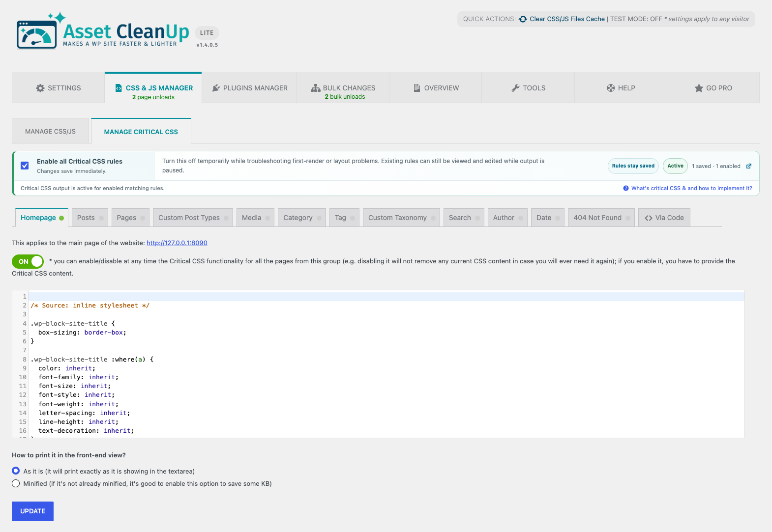 Manual Critical CSS — add and manage your own Critical CSS for individual pages and other WordPress contexts.