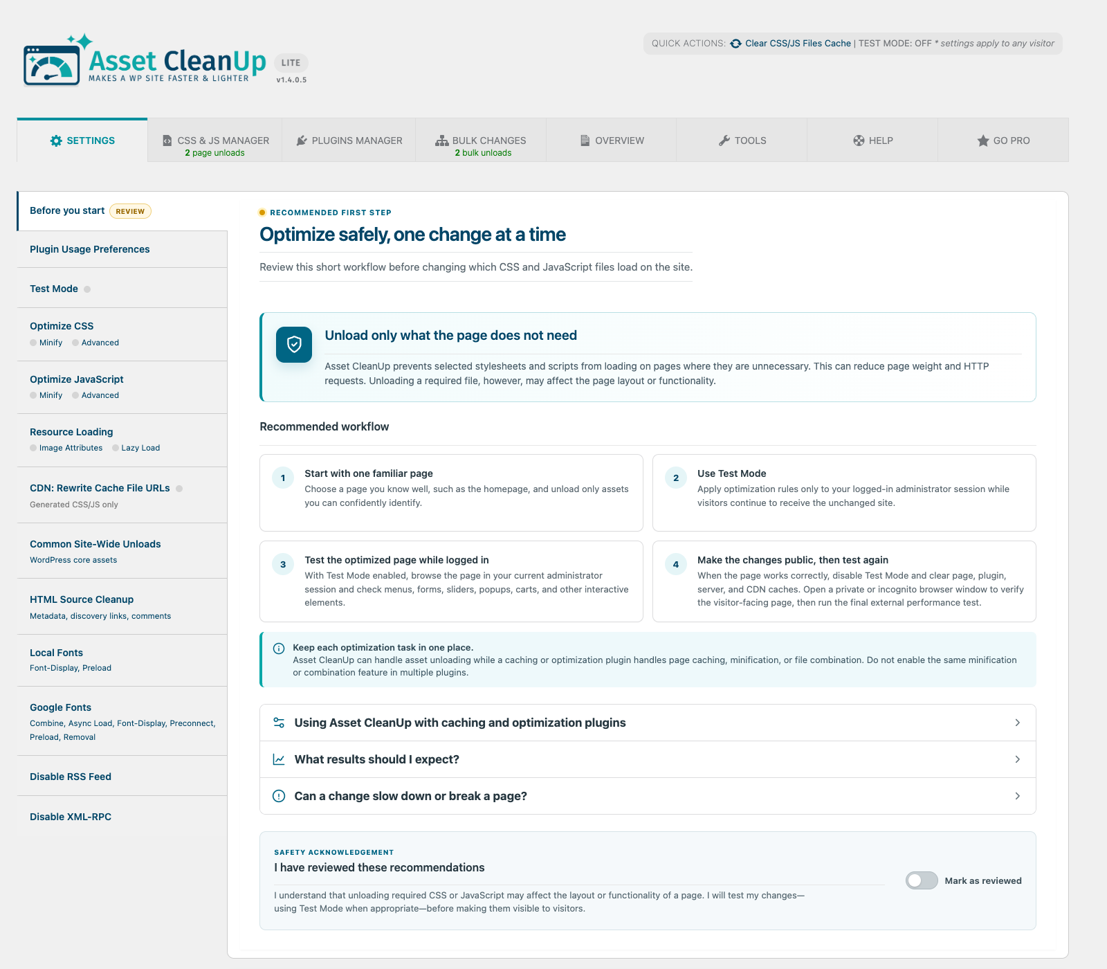 Settings — configure asset retrieval, cleanup, Test Mode, and plugin behavior from clearly organized sections.