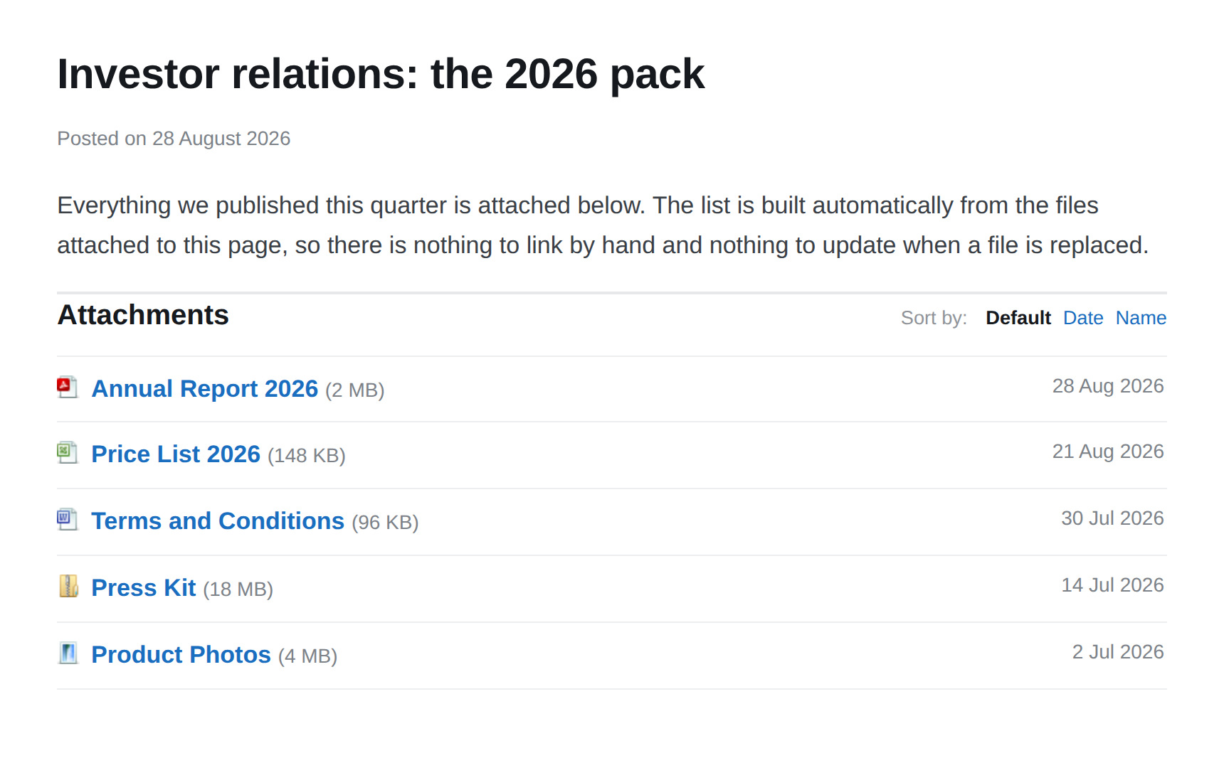 The attachment list, built automatically from the files attached to the post