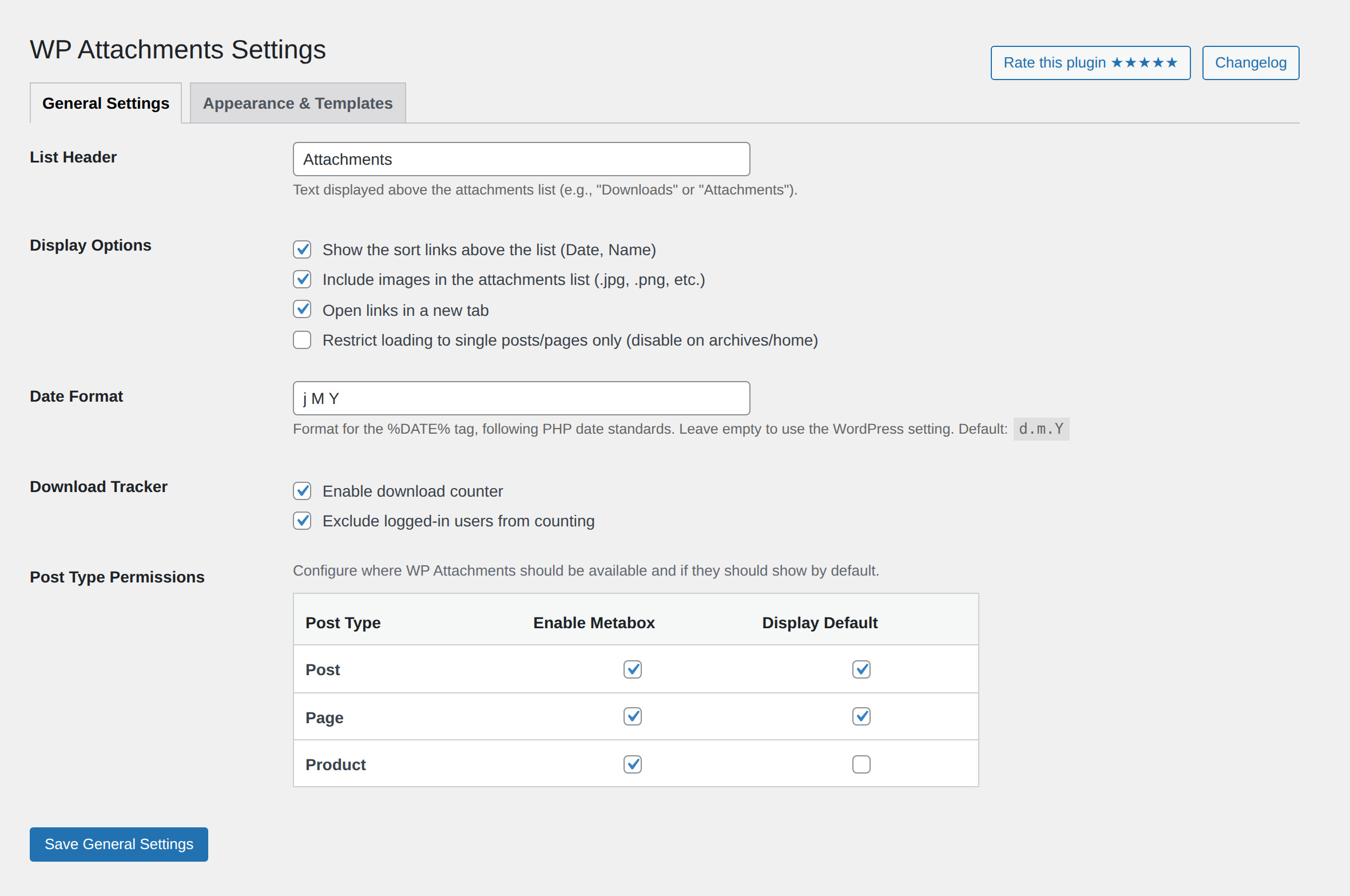 General settings: list header, display options, download tracker and per post type permissions