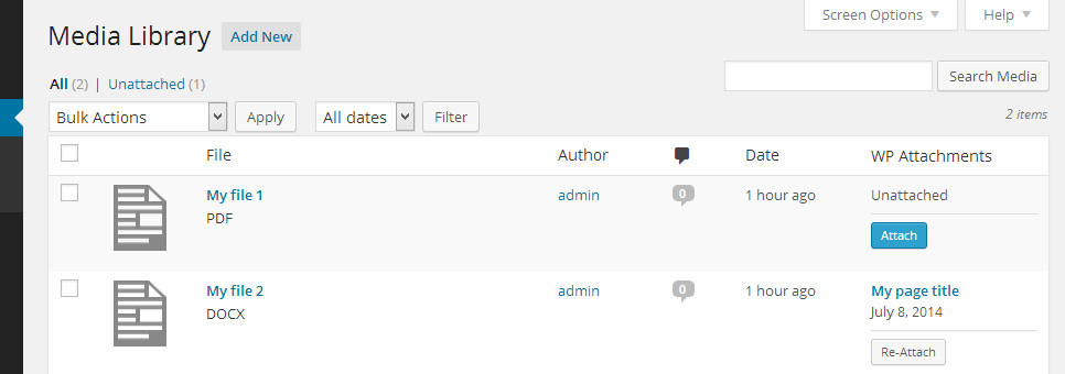 Attach, unattach, and reattach files in the Media screen