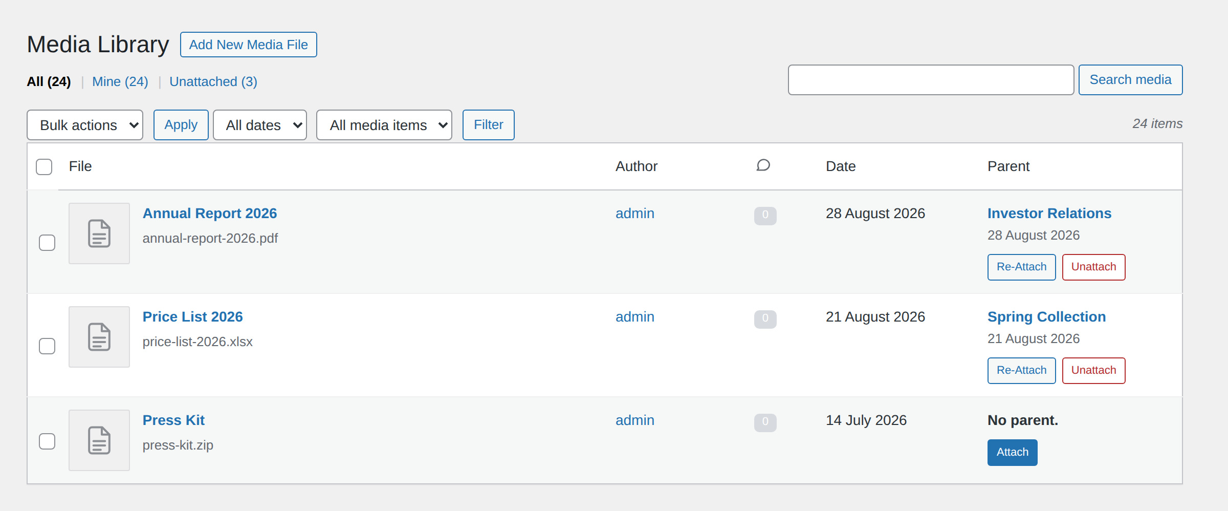 Attach, Unattach and Re-Attach files straight from the Media Library