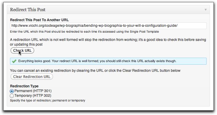 Edit Post Redirect This Post meta box; well formed and valid URL.