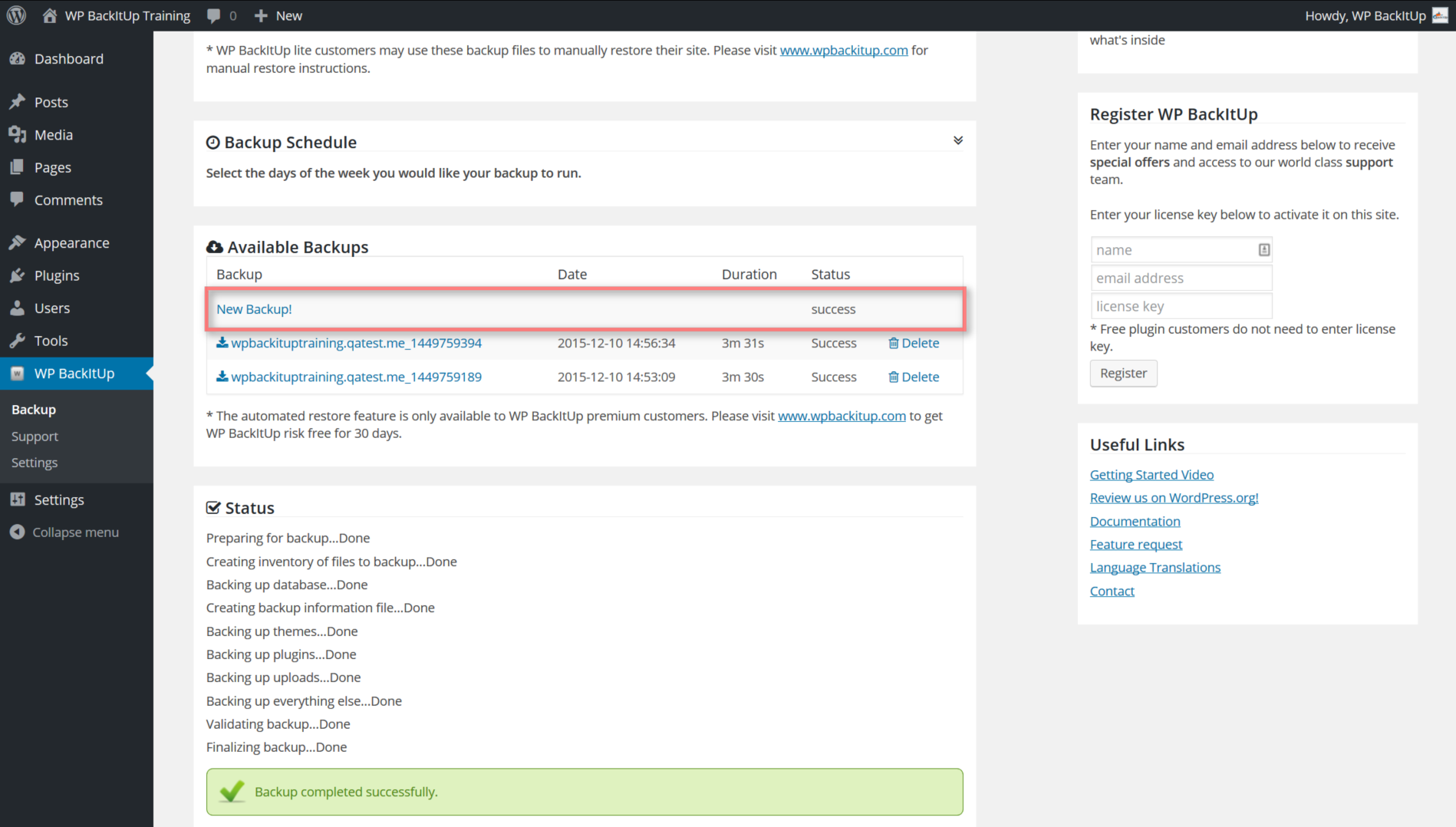When the backup is complete it will appear in the available backups section where you can download it to store somewhere safe.