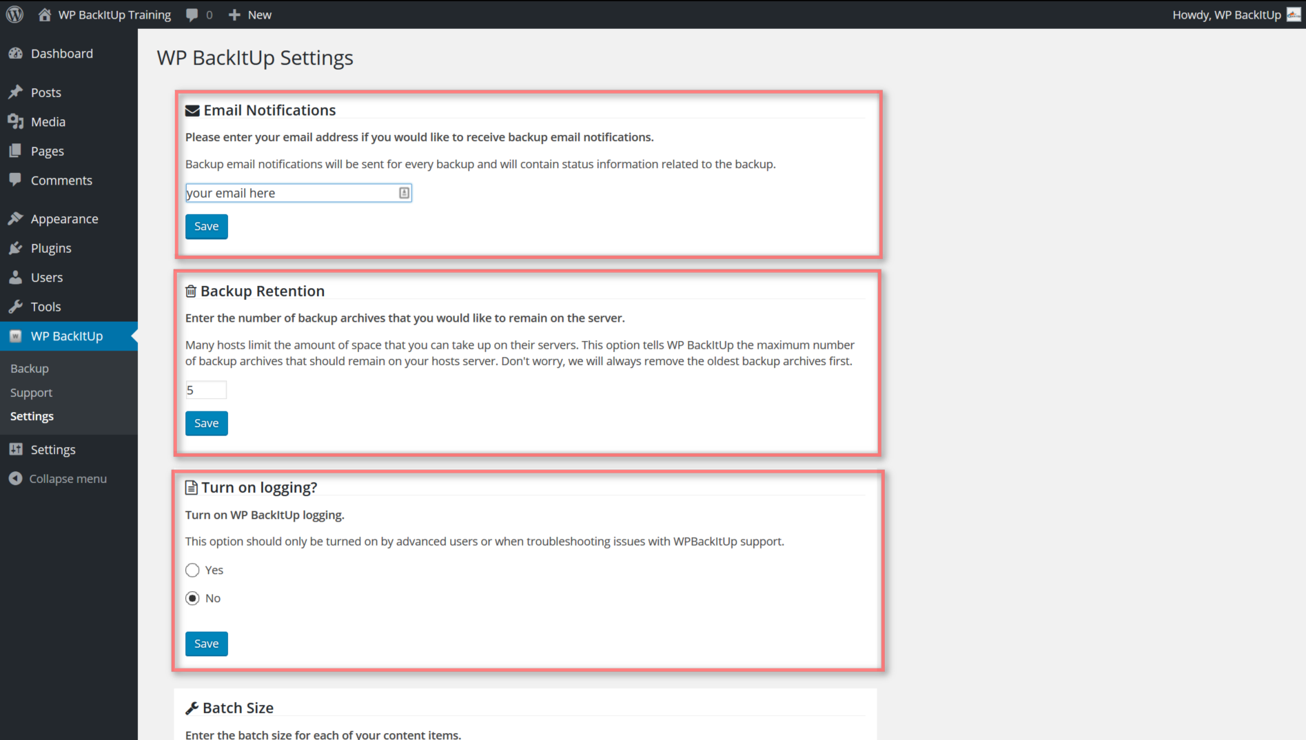 Email notifications, backup retention, and logging settings are available in settings.