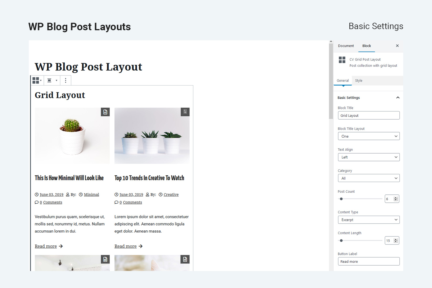 Block post layout with basic settings.