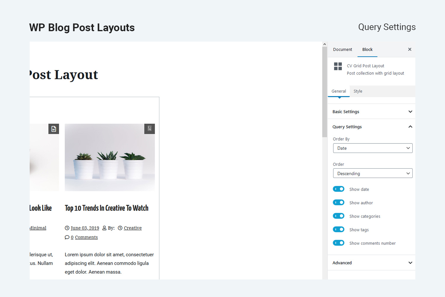 Block post layout with query settings.