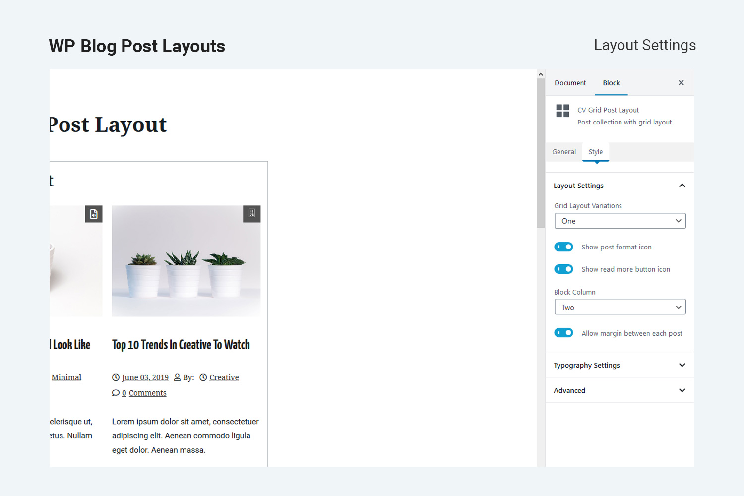 Block post layout with layout settings.