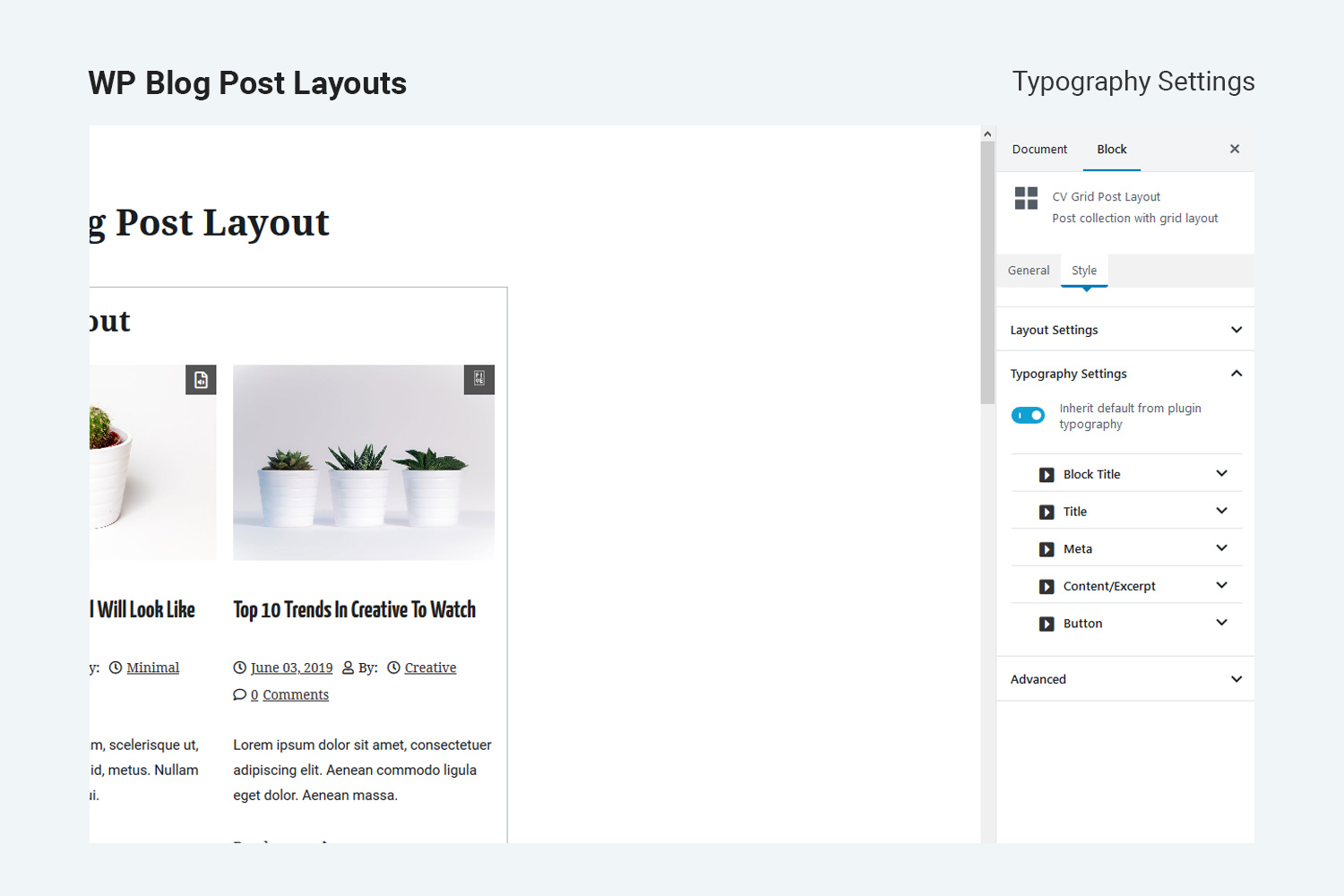 Block post layout with typography settings.