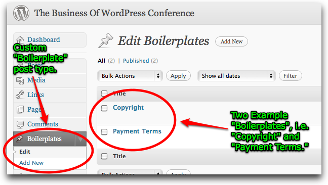 Editing Boilerplates in the WordPress admin.