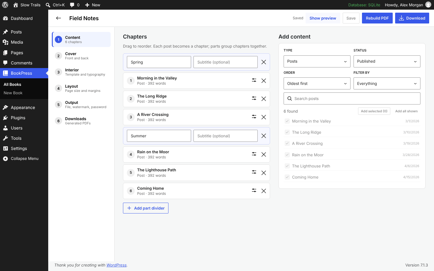 Arrange chapters and parts with drag and drop and a live preview.