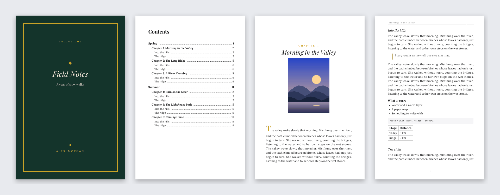 A finished book: cover, contents and chapter pages.