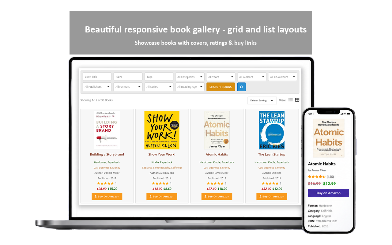 Beautiful responsive book gallery - grid and list layouts