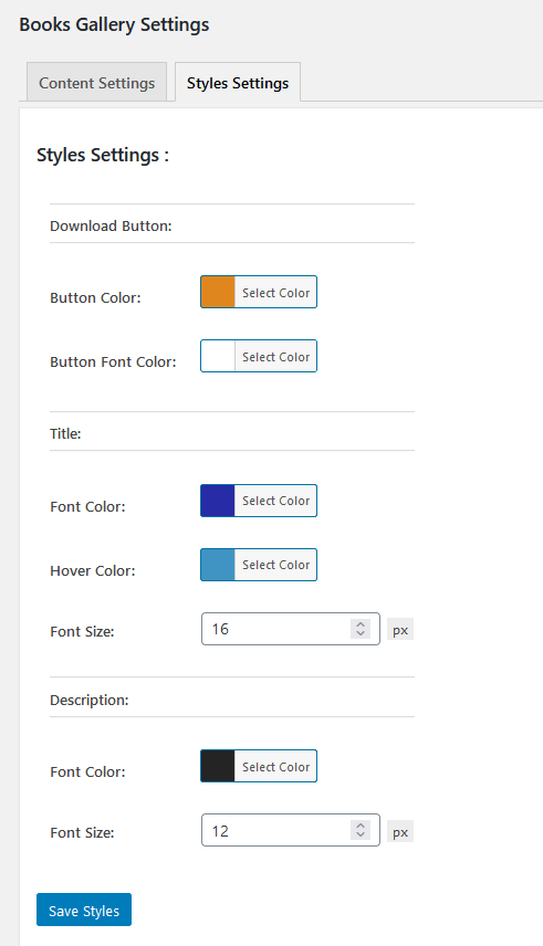 Main Gallery Styling Settings Page