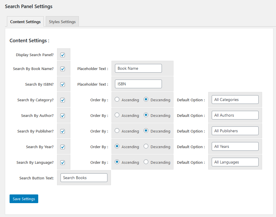 Gallery Search Panel Settings Page