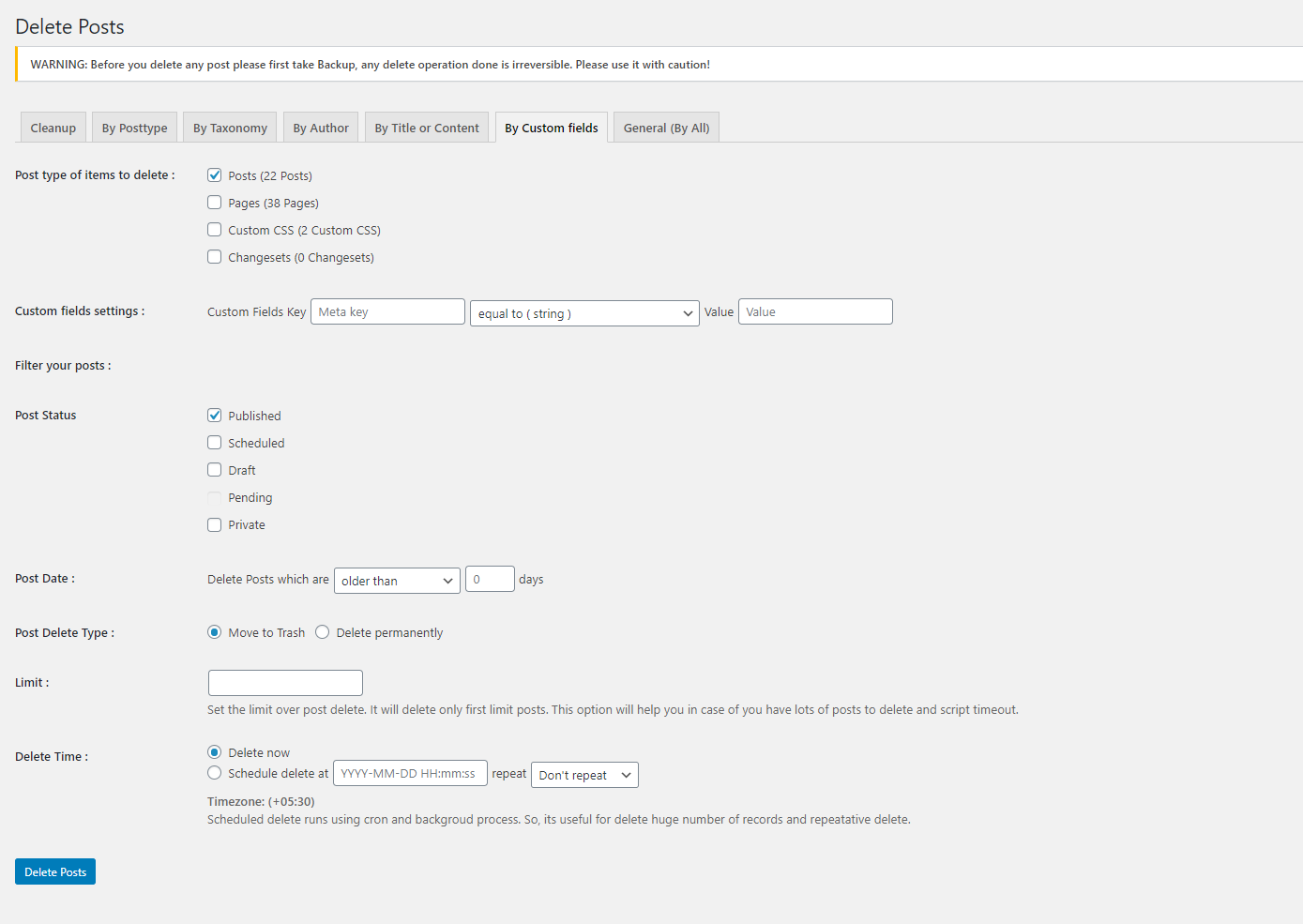Delete posts by custom fields.
