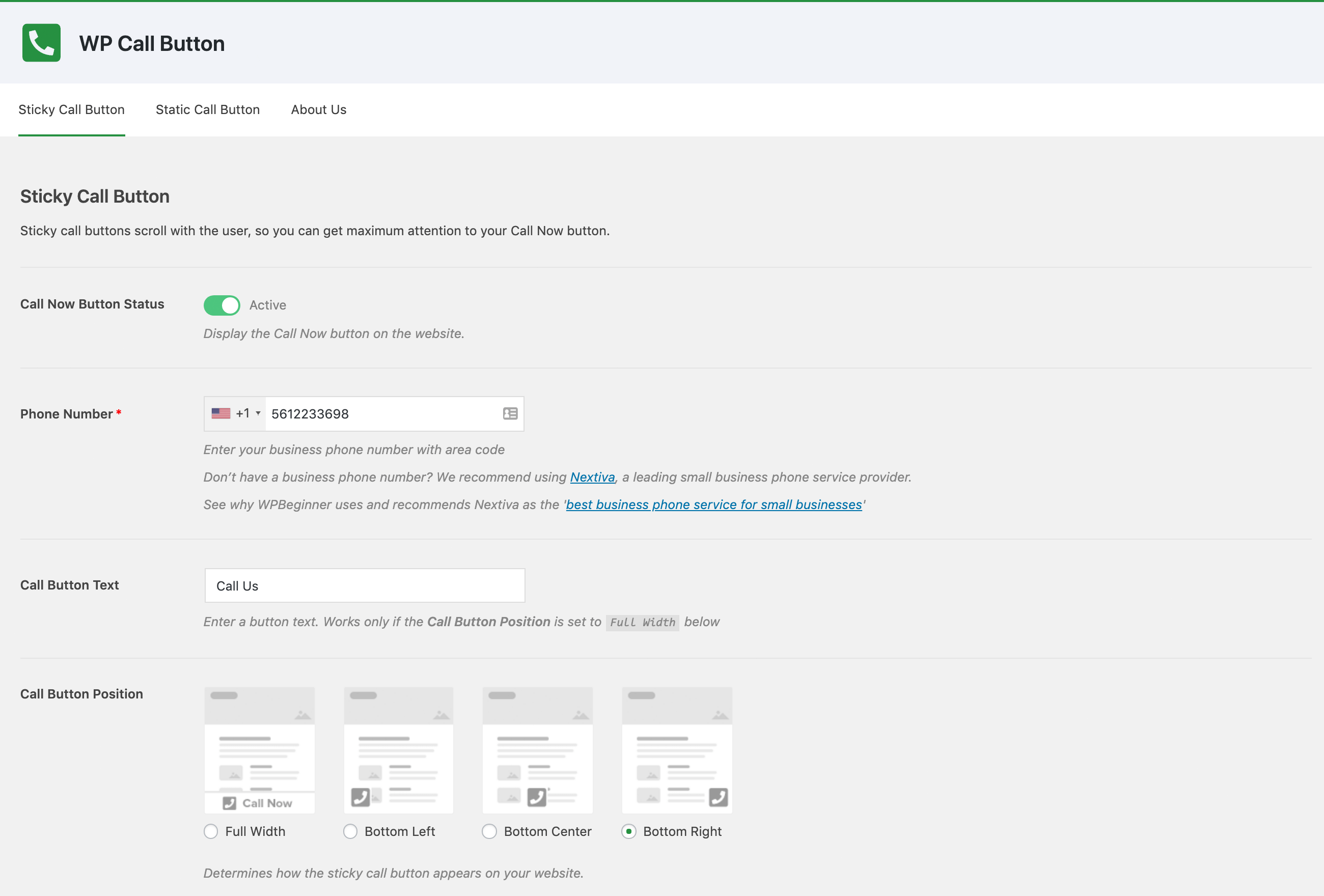 WP Call Button - Sticky Call Button Settings