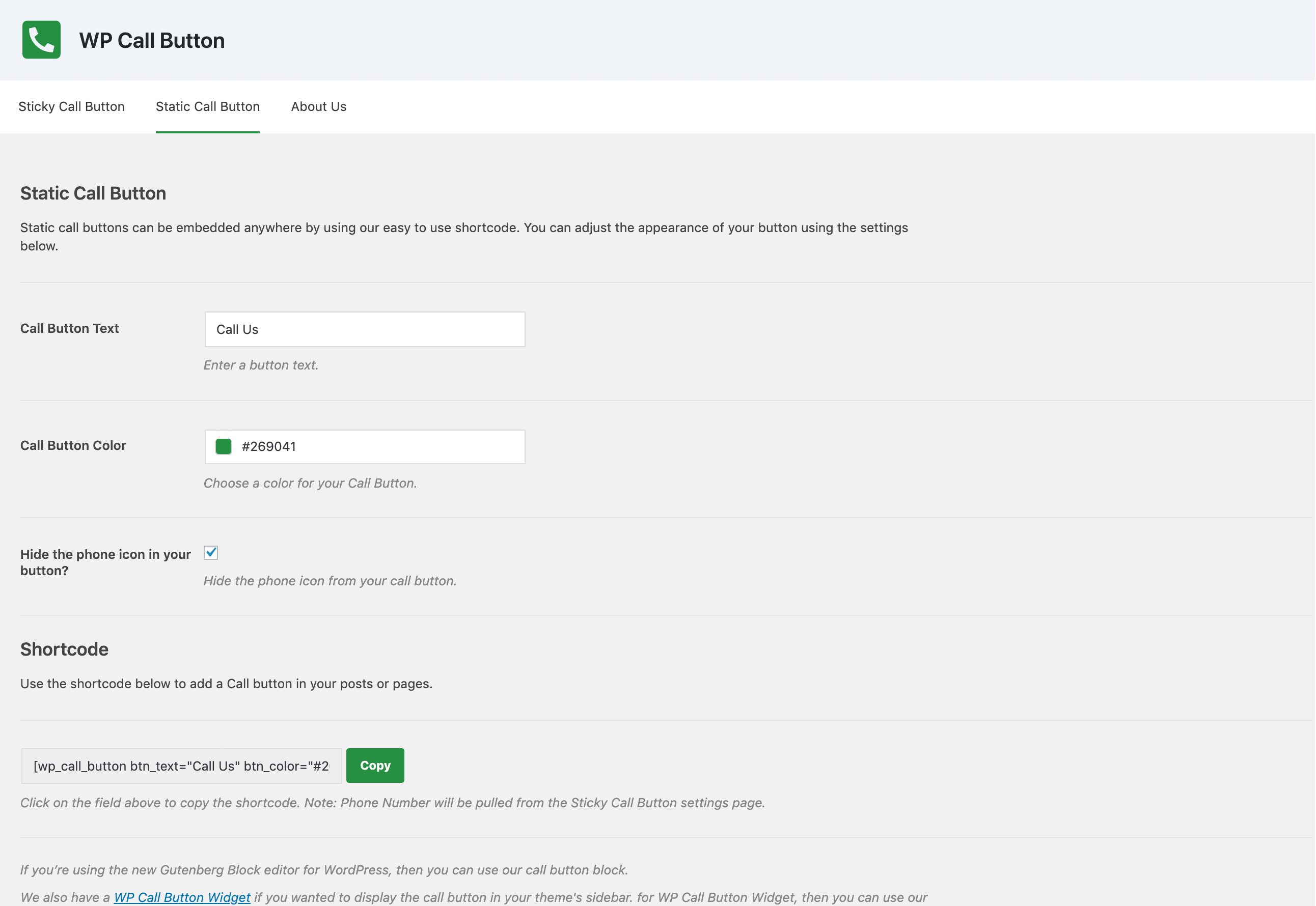 Static Call Button Shortcode