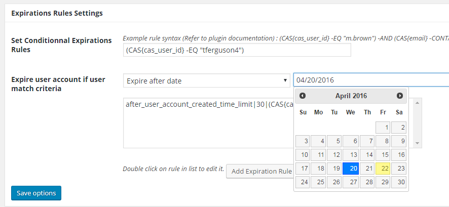Define user account expiration rules bases on CAS User attributes (with fixed expiration date).
