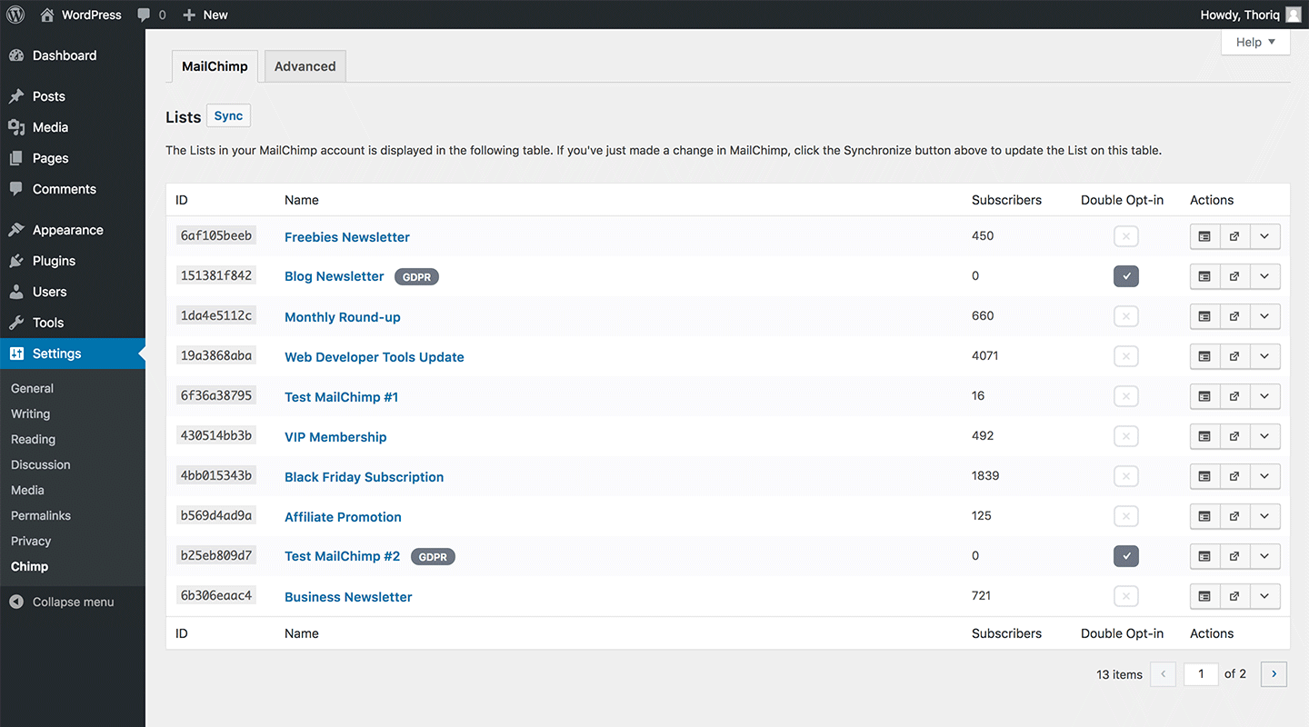 The plugin Setting page