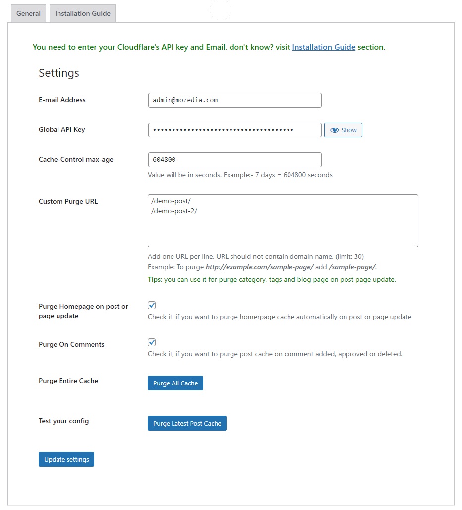 WP Cloudflare Cache Plugin Settings