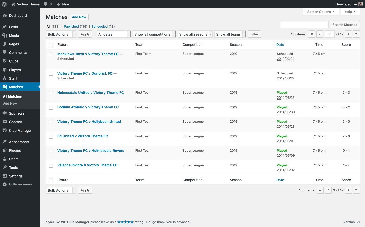 Matches admin list table screen