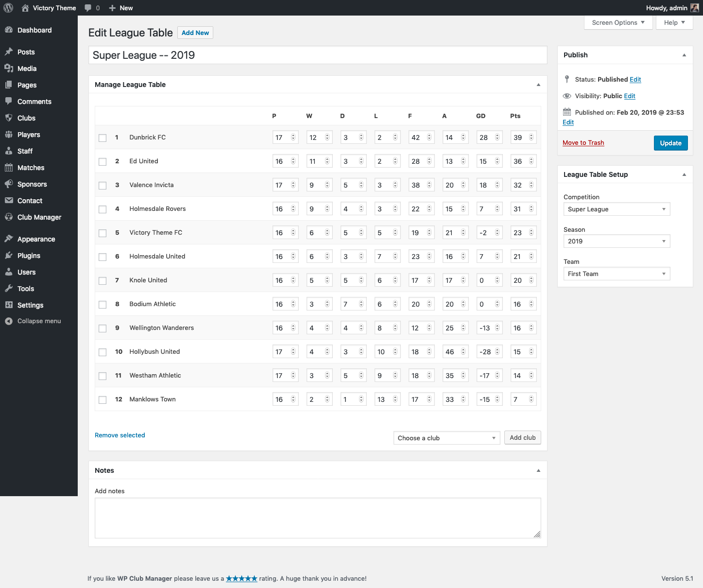 Edit/update League table