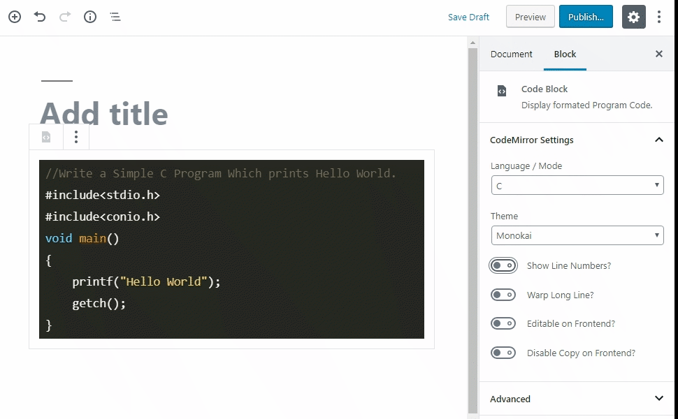 Toggle Line Number with one click (Block Editor).