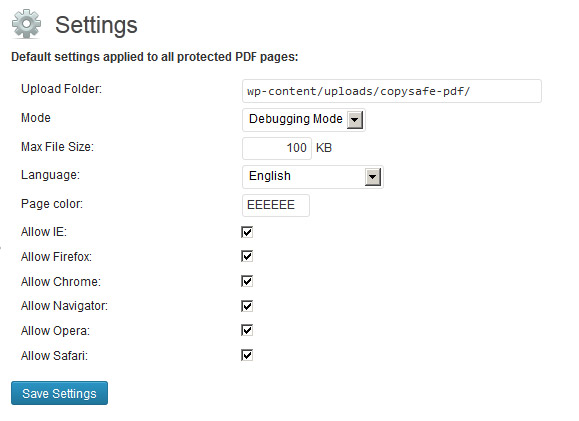 The above default settings are applied to all CopySafe PDF pages and posts.