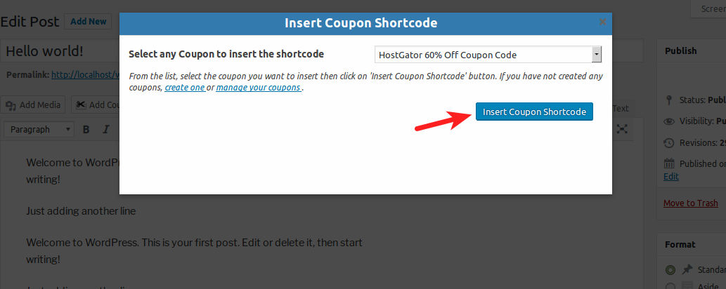 Inserting the Coupon Shortcode.