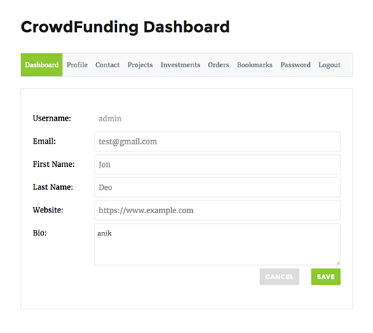 Painel de crowdfunding no front-end