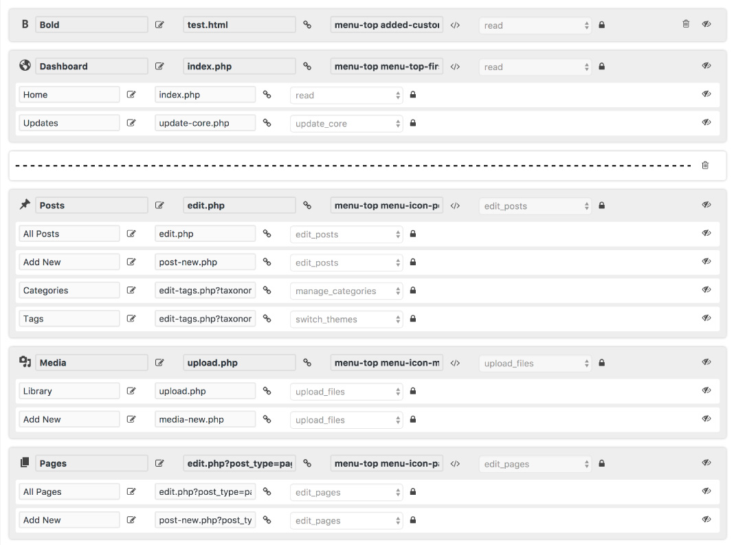 The menu builder in advanced mode