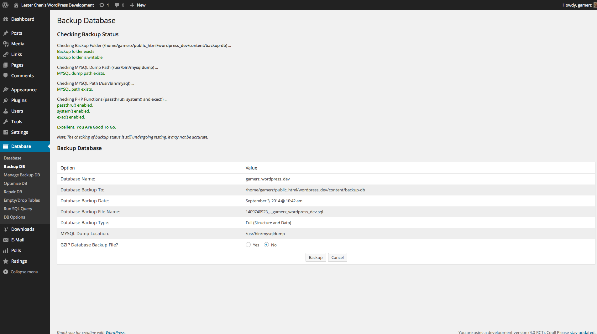 WP-DBManager's Screenshot: Admin - Backup DB