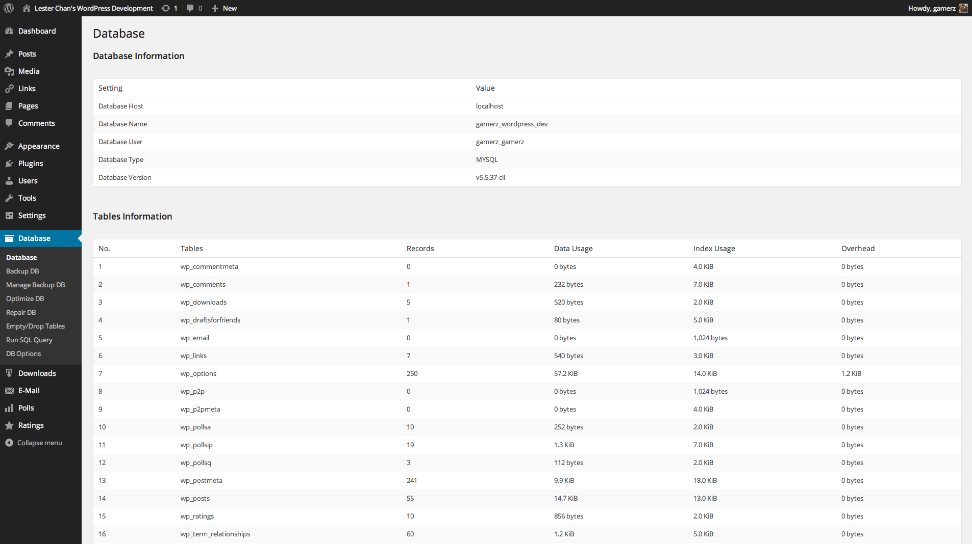 WP-DBManager's Screenshot: Admin - DB Information