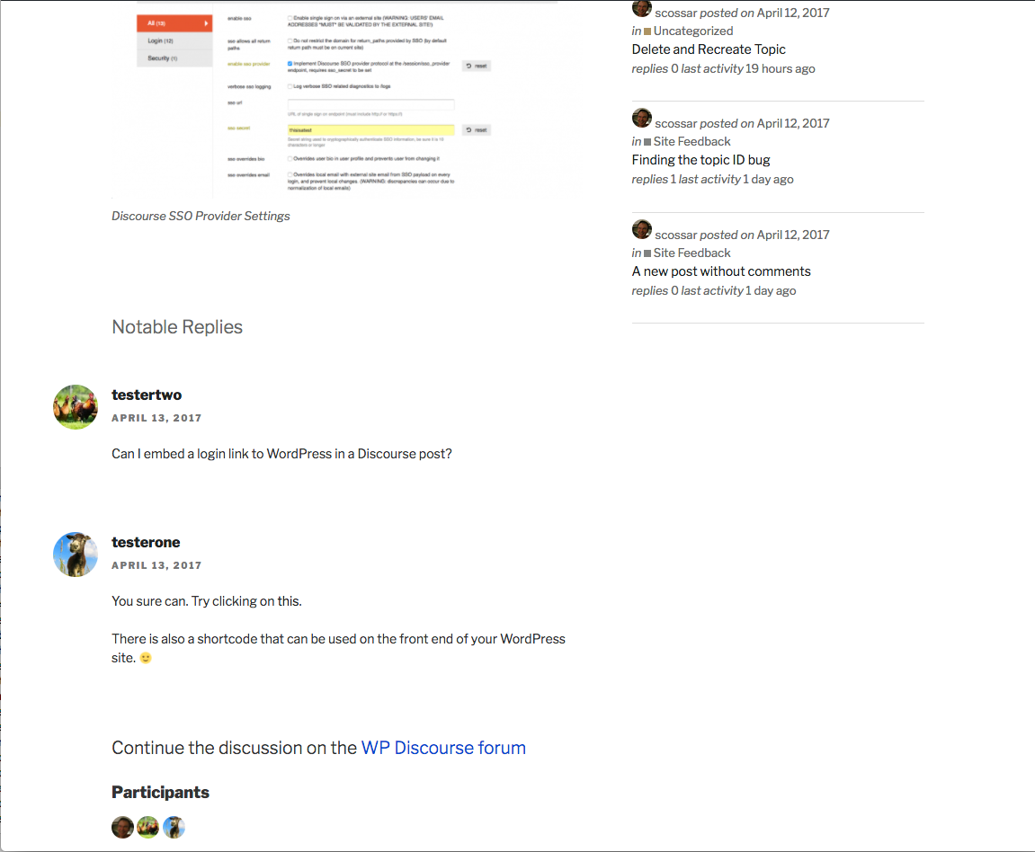 <p>A WordPress posts with comments being managed through a Discourse forum.</p>