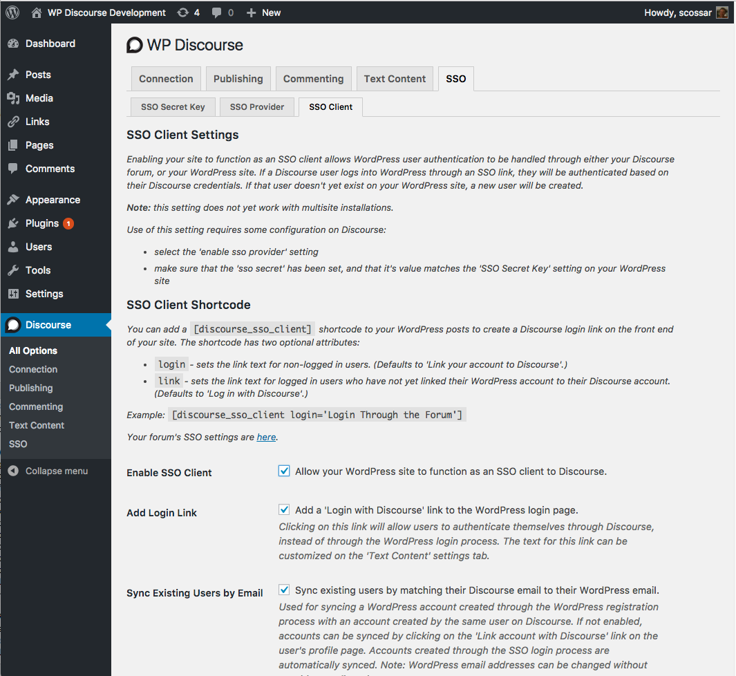 <p>Configuring the plugin: the DiscourseConnect Client settings tab.</p>