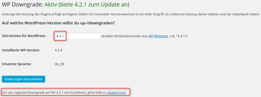 Downgrade auf hinterlegte WordPress-Version aktivieren