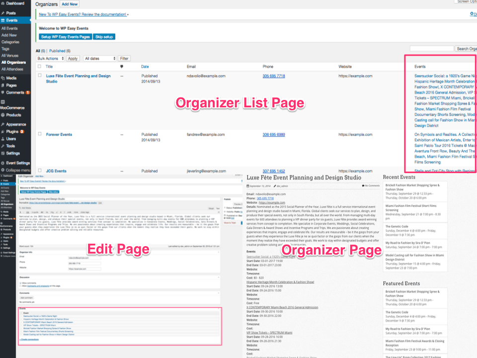 Events can be hosted by multiple organizers. Each organizer has his/her own page which display hosted events as well as organizer info.