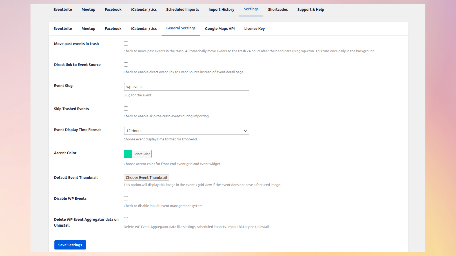 Configure settings for imported events.