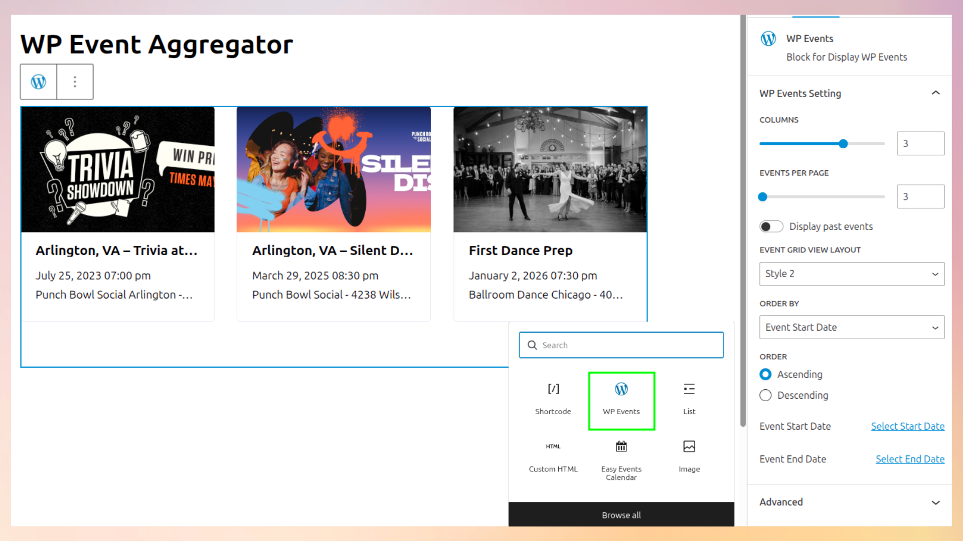 Display events using the Gutenberg Block for WP Events.
