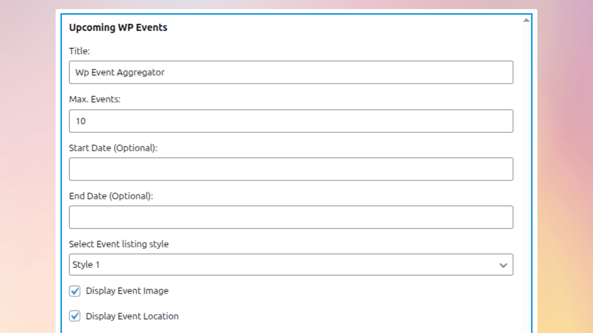 Upcoming WP Events Widget in backend (Pro).