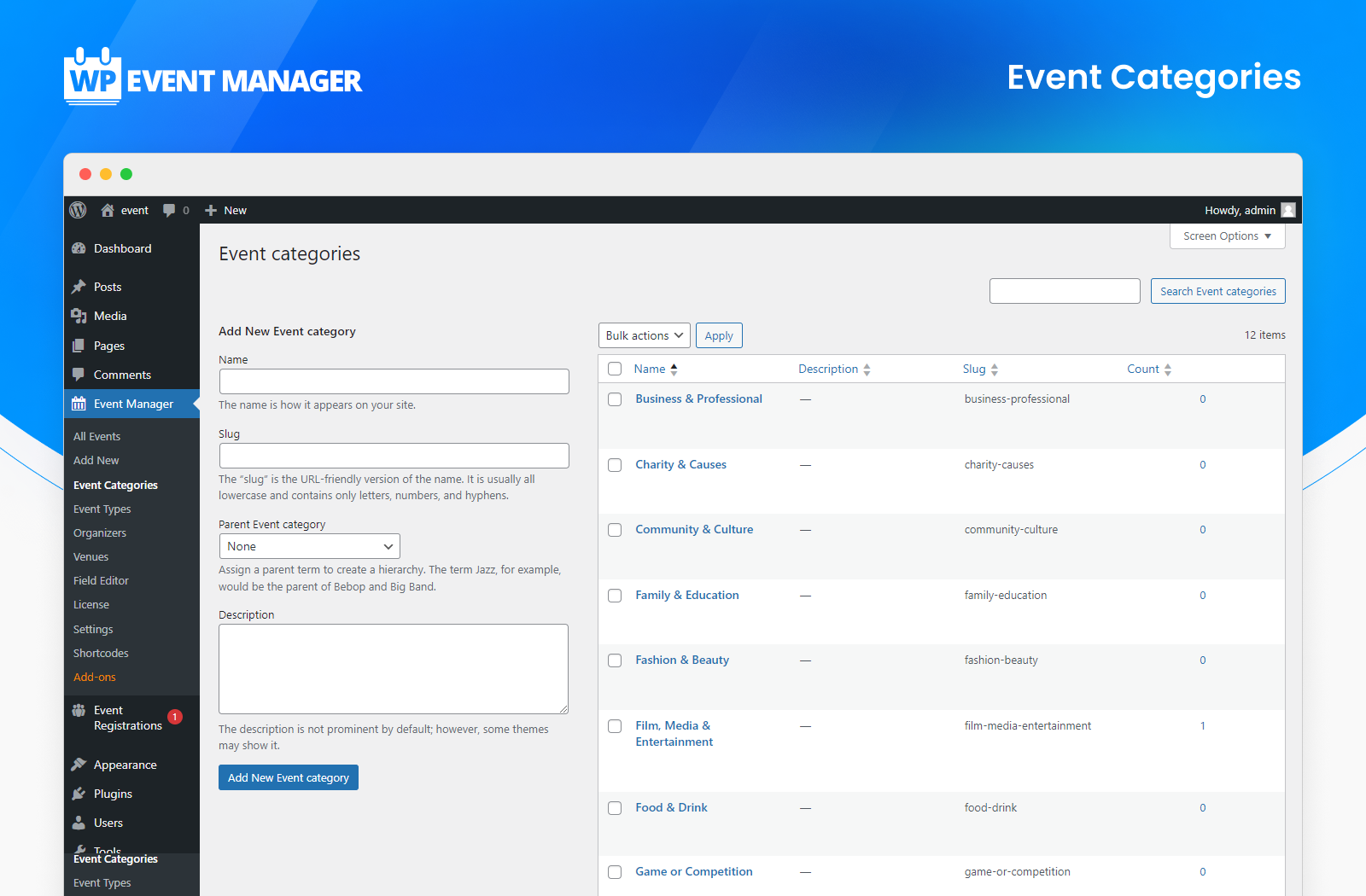 <p>Event Categories - Admin Panel</p>