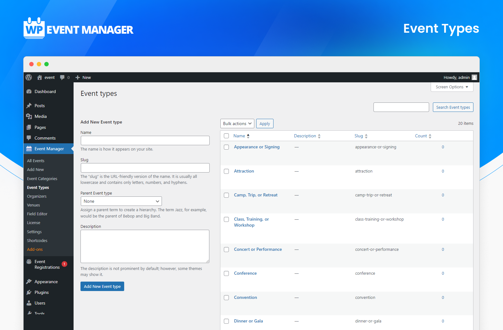 <p>Event Types - Admin Panel</p>