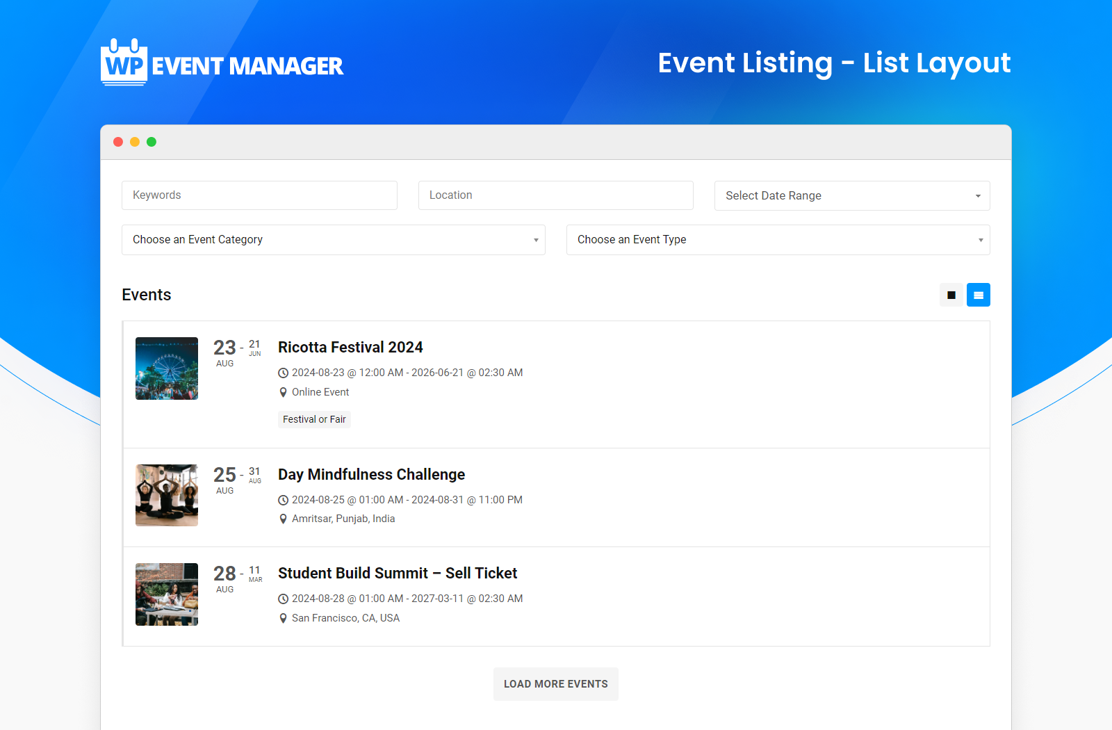 <p>Event Listing - List Layout</p>