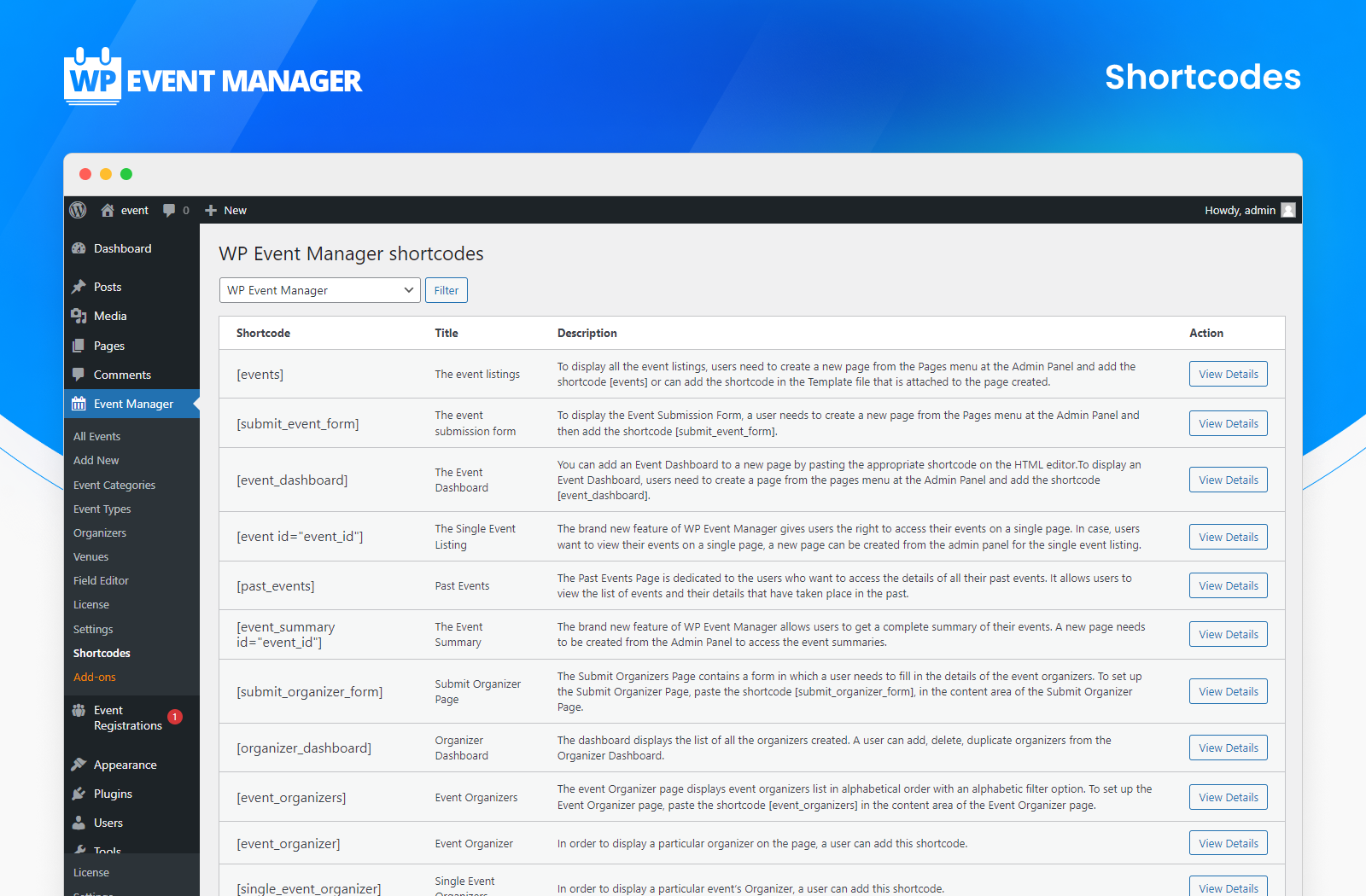 <p>Shortcodes - Admin Panel</p>