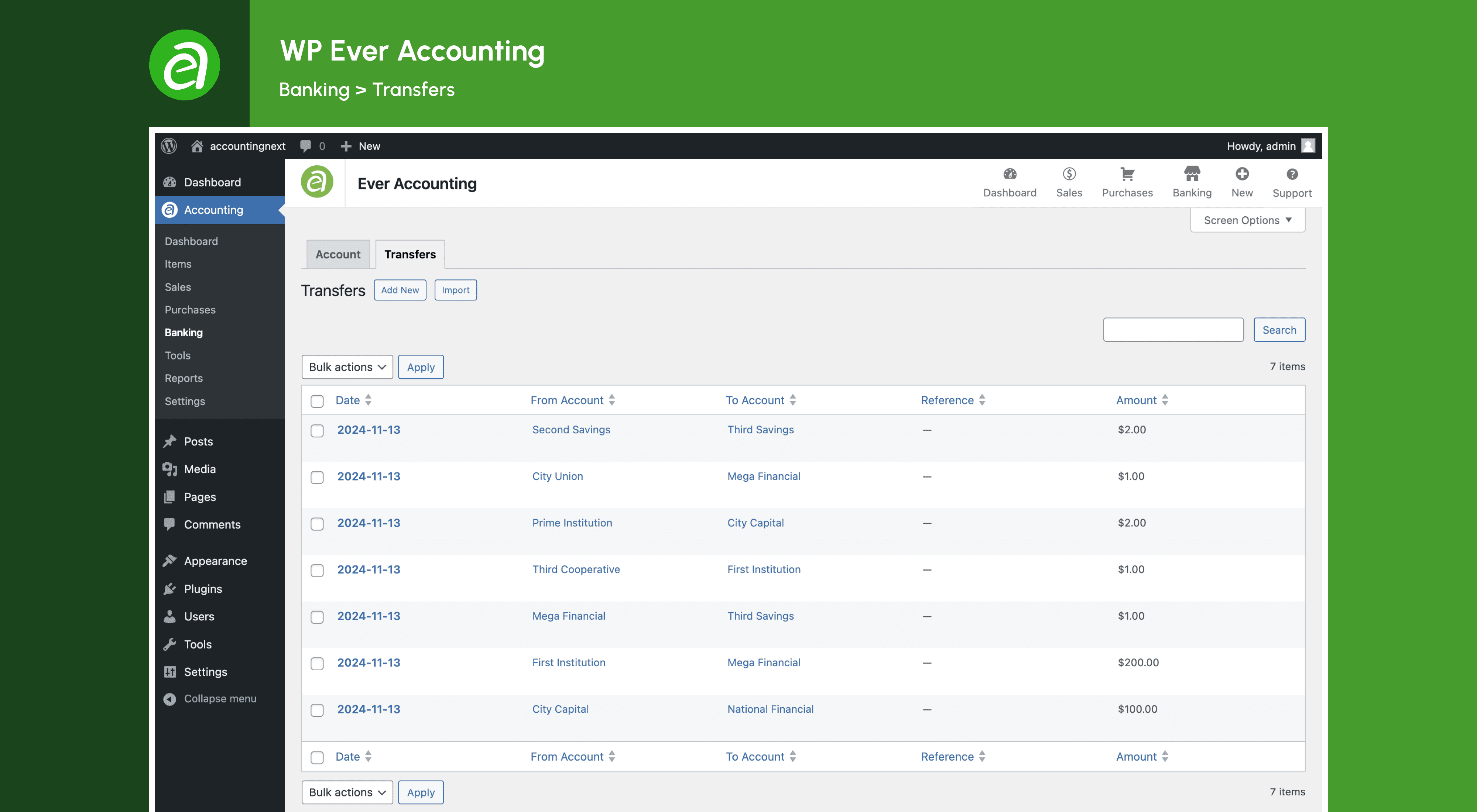 Transfer: Transfer funds between accounts.