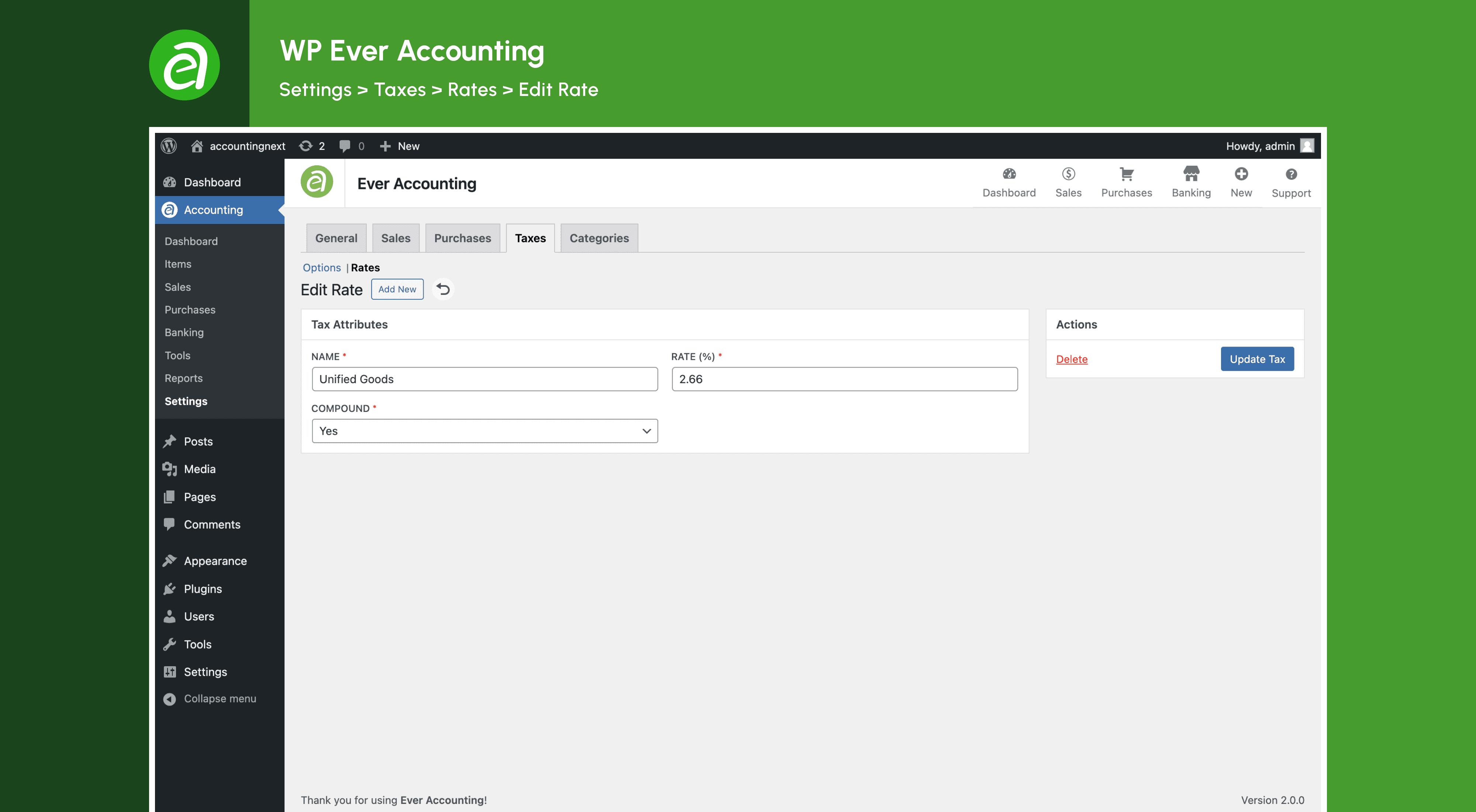 Configurações: Adicionar/editar taxa de imposto.