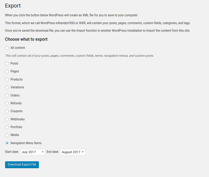 Export WordPress Menus